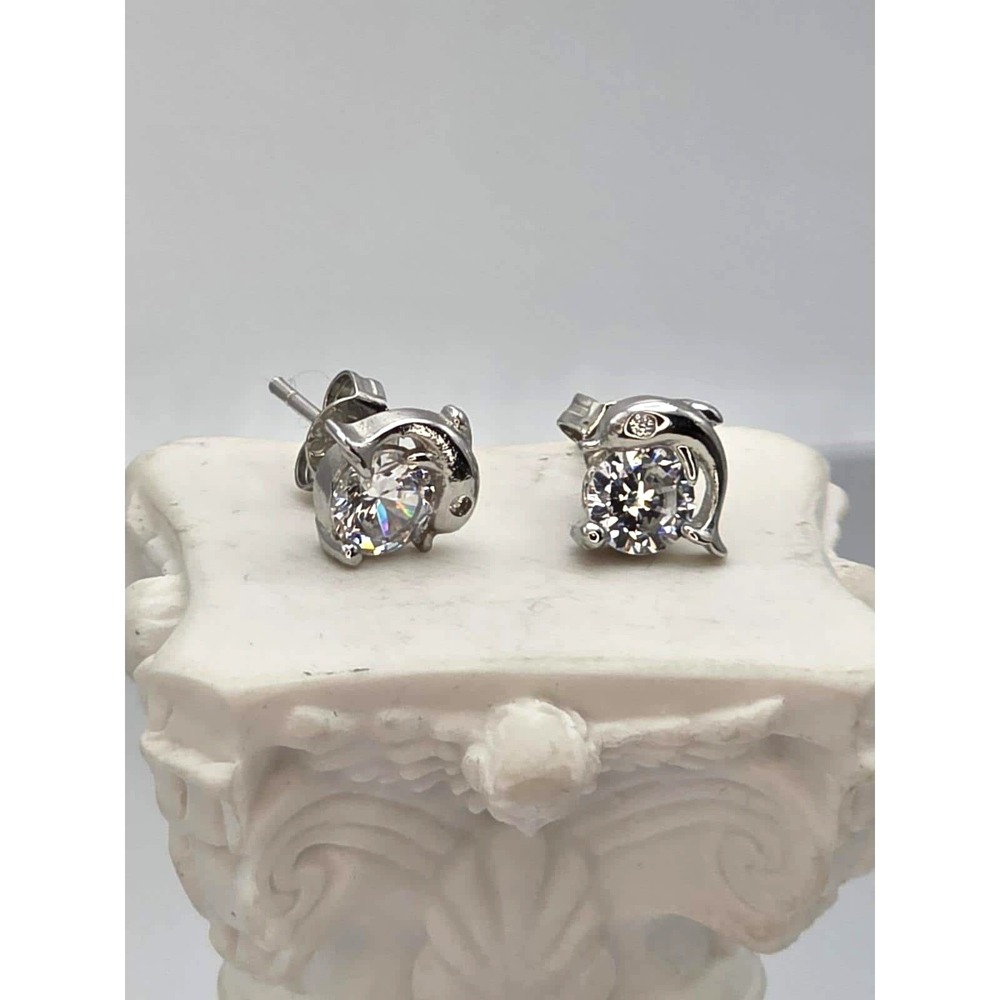 Vtg Dolphin Stud Earrings 925 Sterling Silver Cubic Zirconia CZ FREE $HIPPING!!‎